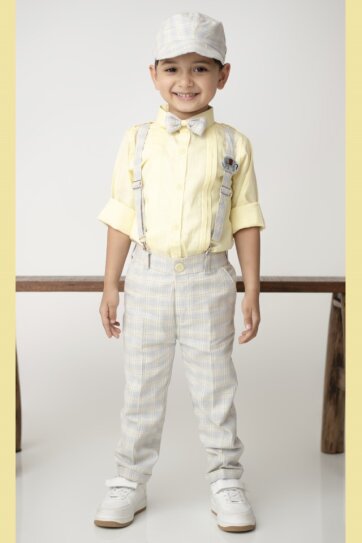Boys Cotton Checks Pant Shirt Suspender Bow with Cap Set- Yellow