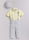 Boys Cotton Checks Pant Shirt Suspender Bow with Cap Set- Yellow