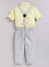 Boys Cotton Checks Pant Shirt Suspender Bow with Cap Set- Yellow