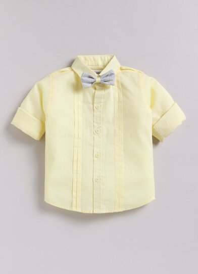 Boys Cotton Checks Pant Shirt Suspender Bow with Cap Set- Yellow