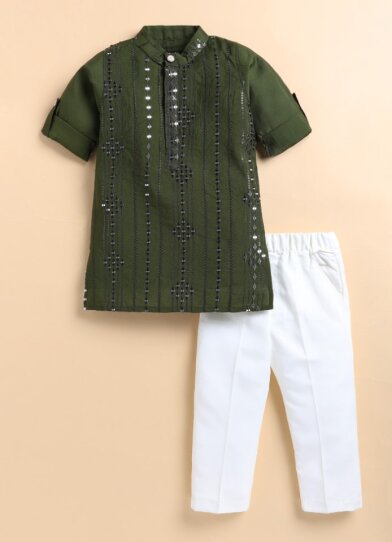 Silk Blended Woven Full Sleeves Pack of 2 Solid Embellished Kurta Pajama Ethnic Set- Green