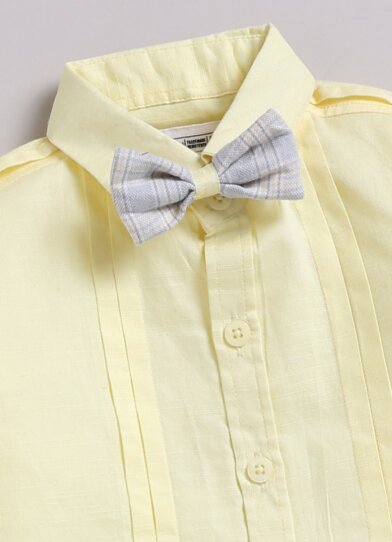 Boys Cotton Checks Pant Shirt Suspender Bow with Cap Set- Yellow