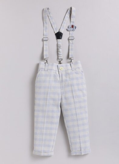 Boys Cotton Checks Pant Shirt Suspender Bow with Cap Set- Yellow