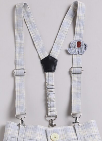 Boys Cotton Checks Pant Shirt Suspender Bow with Cap Set- Yellow