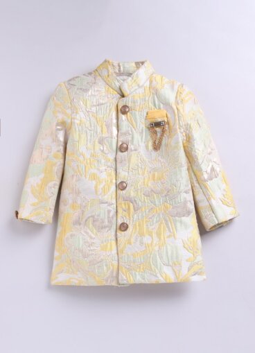 Blended Silk Full Sleeves Self Texture Achkan Bandhgala with Pants and Brooch Ethnicwear Set- Yellow