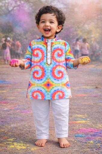 Boys Holi Multi Coloured Cotton Kurta and Pajama Ethnicwear Set