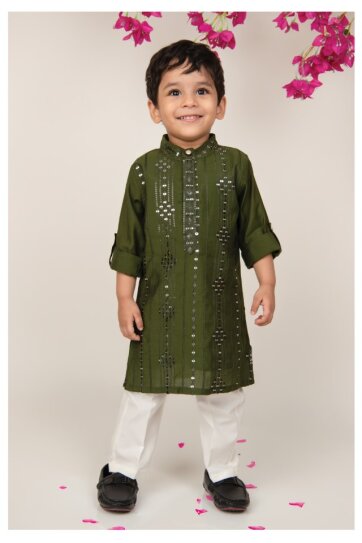 Silk Blended Woven Full Sleeves Pack of 2 Solid Embellished Kurta Pajama Ethnic Set- Green
