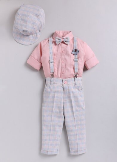 Little Collars Boys Cotton Checks Pant Shirt Suspender Bow with Cap Set- Peach