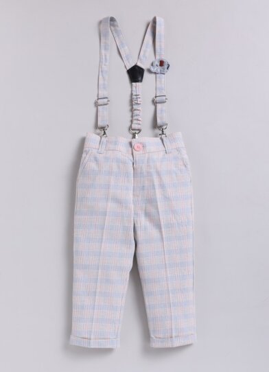 Little Collars Boys Cotton Checks Pant Shirt Suspender Bow with Cap Set- Peach