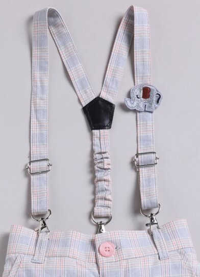 Little Collars Boys Cotton Checks Pant Shirt Suspender Bow with Cap Set- Peach