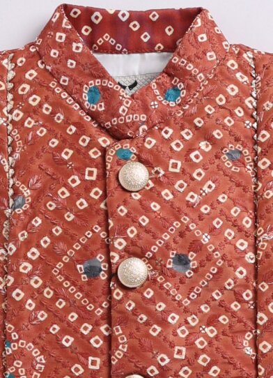 Silk Blended Woven Bandhani Full Sleeves Pack of 4 Kurta Dhoti with Nehru Jacket and Necklace Ethnic Set- Brick