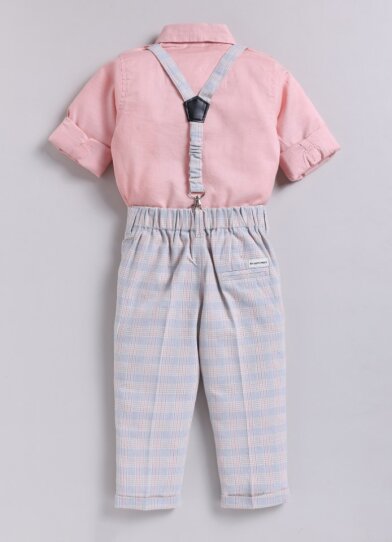 Little Collars Boys Cotton Checks Pant Shirt Suspender Bow with Cap Set- Peach