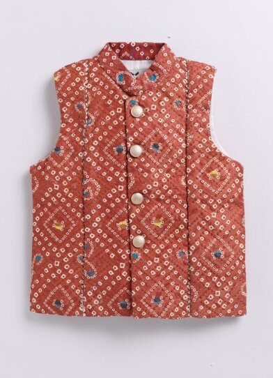 Silk Blended Woven Bandhani Full Sleeves Pack of 4 Kurta Dhoti with Nehru Jacket and Necklace Ethnic Set- Brick