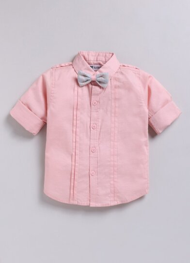 Little Collars Boys Cotton Checks Pant Shirt Suspender Bow with Cap Set- Peach