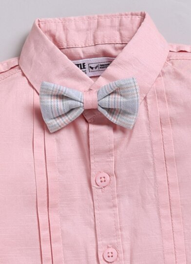 Little Collars Boys Cotton Checks Pant Shirt Suspender Bow with Cap Set- Peach