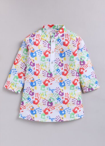 Boys Holi Hands Printed Multi Coloured Cotton Kurta and Pajama Ethnicwear Set