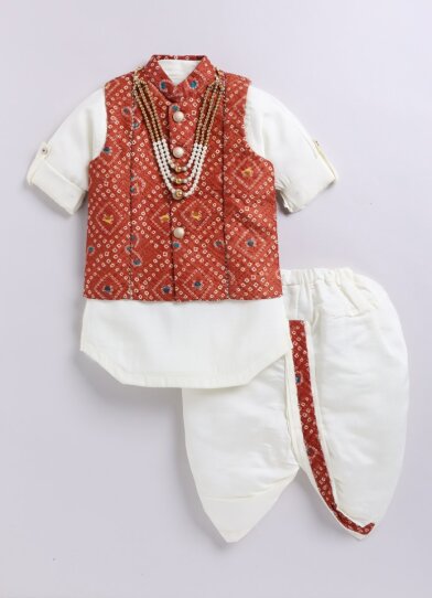Silk Blended Woven Bandhani Full Sleeves Pack of 4 Kurta Dhoti with Nehru Jacket and Necklace Ethnic Set- Brick