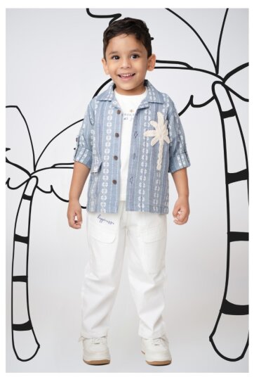 Boys Self Woven Casual Shirt with Palm Tree Crochet & Pant Set - Blue
