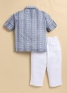 Boys Self Woven Casual Shirt with Palm Tree Crochet & Pant Set - Blue