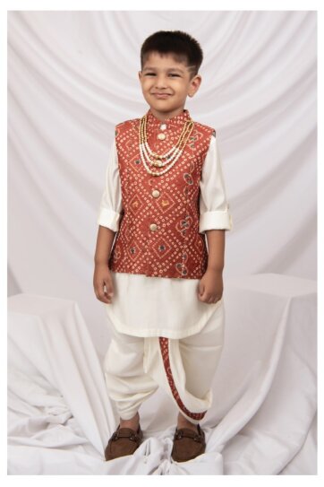 Silk Blended Woven Bandhani Full Sleeves Pack of 4 Kurta Dhoti with Nehru Jacket and Necklace Ethnic Set- Brick