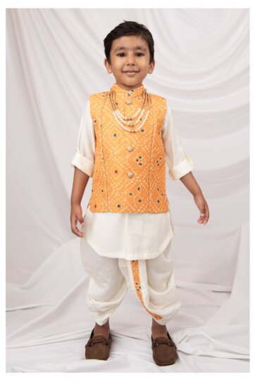 Silk Blended Woven Bandhani Full Sleeves Pack of 4 Kurta Dhoti with Nehru Jacket and Necklace Ethnic Set- Yellow