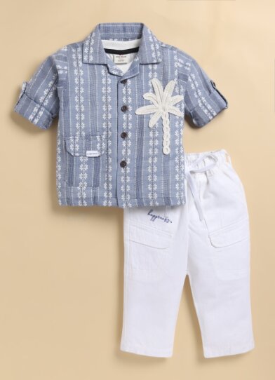 Boys Self Woven Casual Shirt with Palm Tree Crochet & Pant Set - Blue