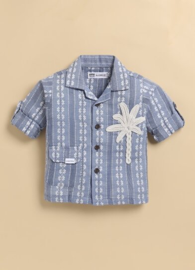 Boys Self Woven Casual Shirt with Palm Tree Crochet & Pant Set - Blue