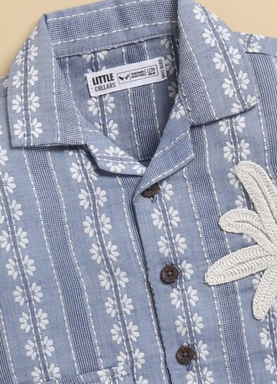 Boys Self Woven Casual Shirt with Palm Tree Crochet & Pant Set - Blue