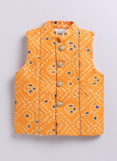 Silk Blended Woven Bandhani Full Sleeves Pack of 4 Kurta Dhoti with Nehru Jacket and Necklace Ethnic Set- Yellow