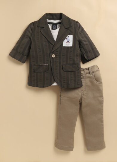 Boys Cotton Casual Blazer T-Shirt & Pant Coat Set - Green