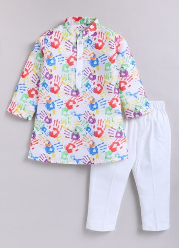 Boys Holi Hands Printed Multi Coloured Cotton Kurta and Pajama Ethnicwear Set