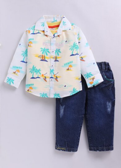 Boys Printed Casual Shirt, Tshirt & Barrel Fit Denim Pant Set - White