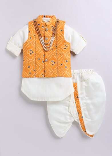 Silk Blended Woven Bandhani Full Sleeves Pack of 4 Kurta Dhoti with Nehru Jacket and Necklace Ethnic Set- Yellow
