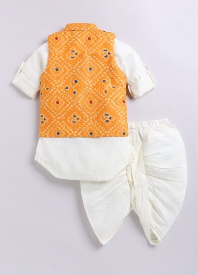 Silk Blended Woven Bandhani Full Sleeves Pack of 4 Kurta Dhoti with Nehru Jacket and Necklace Ethnic Set- Yellow