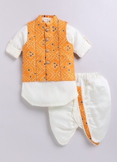 Silk Blended Woven Bandhani Full Sleeves Pack of 4 Kurta Dhoti with Nehru Jacket and Necklace Ethnic Set- Yellow