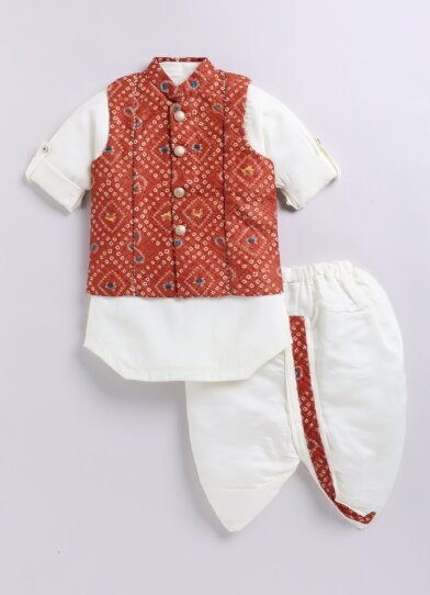 Silk Blended Woven Bandhani Full Sleeves Pack of 4 Kurta Dhoti with Nehru Jacket and Necklace Ethnic Set- Brick