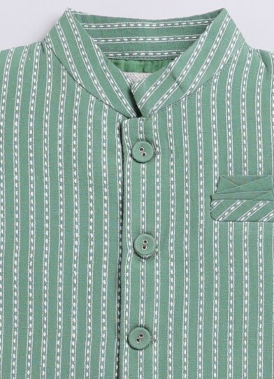 Collars Pure Cotton Woven Full Sleeves Pack of 3 Kurta Pajama with Striped Nehru Jacket Ethnic Set- Green