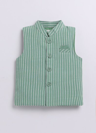 Collars Pure Cotton Woven Full Sleeves Pack of 3 Kurta Pajama with Striped Nehru Jacket Ethnic Set- Green