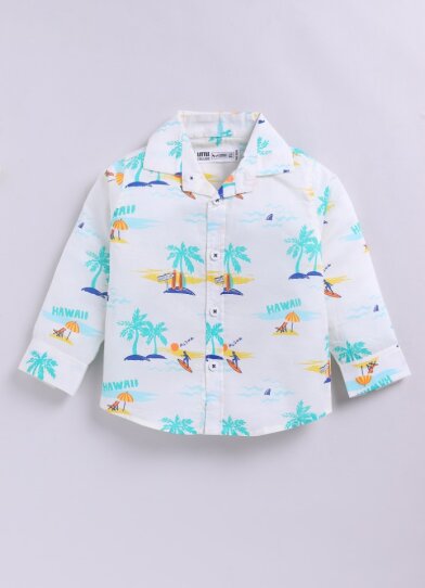 Boys Printed Casual Shirt, Tshirt & Barrel Fit Denim Pant Set - White