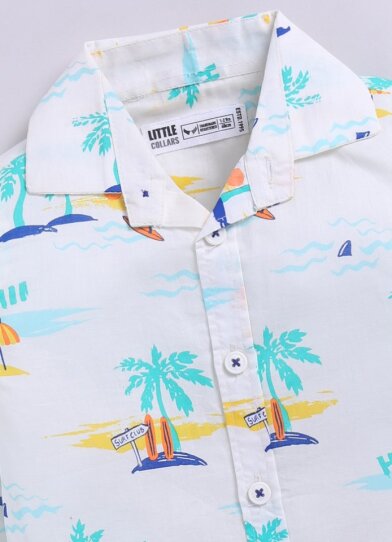 Boys Printed Casual Shirt, Tshirt & Barrel Fit Denim Pant Set - White