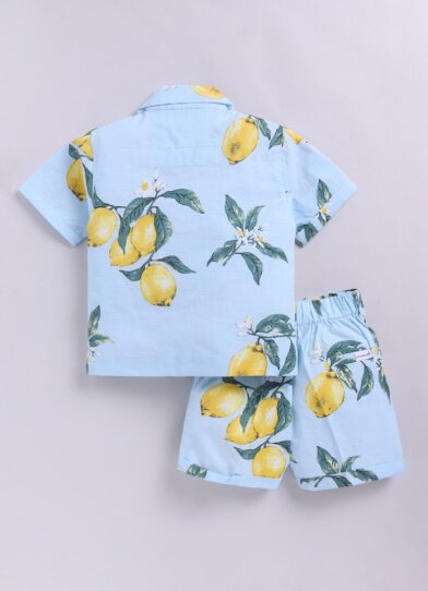 Boys Pure Cotton Lemon Printed Shirt  & Shorts Co-ord Set - Blue