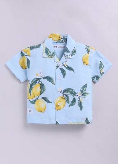 Boys Pure Cotton Lemon Printed Shirt  & Shorts Co-ord Set - Blue