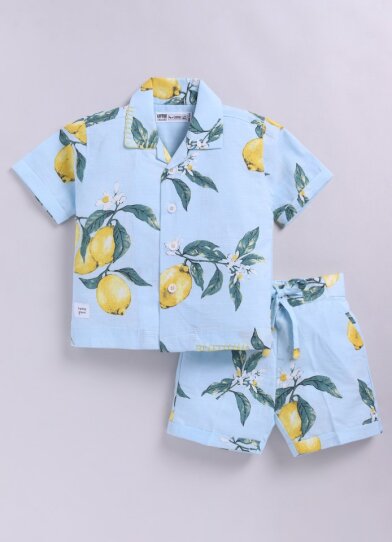 Boys Pure Cotton Lemon Printed Shirt  & Shorts Co-ord Set - Blue