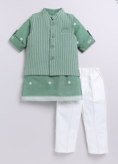 Collars Pure Cotton Woven Full Sleeves Pack of 3 Kurta Pajama with Striped Nehru Jacket Ethnic Set- Green