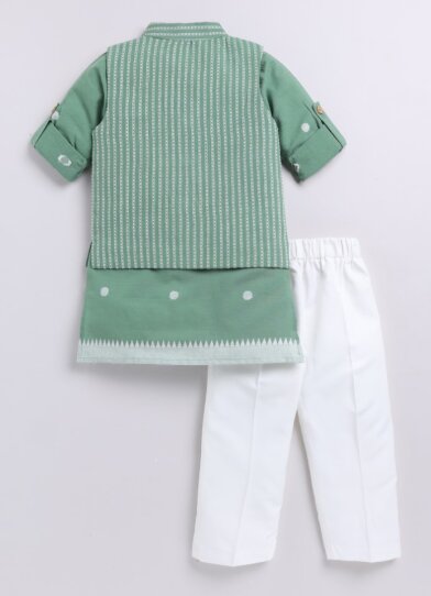 Collars Pure Cotton Woven Full Sleeves Pack of 3 Kurta Pajama with Striped Nehru Jacket Ethnic Set- Green