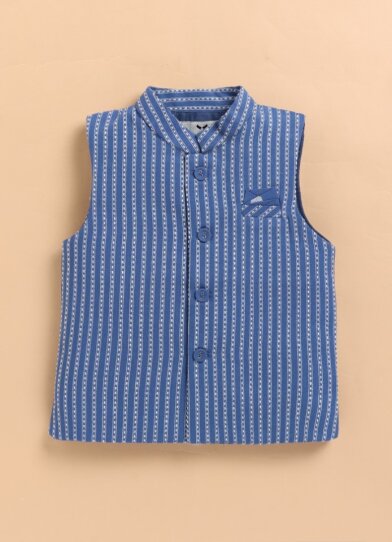 Pure Cotton Woven Full Sleeves Pack of 3 Kurta Pajama with Striped Nehru Jacket Ethnic Set- Blue