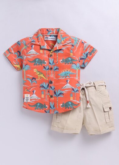 Pure Cotton Dinosaur World Printed Casual Shirt & Shorts Set - Orange