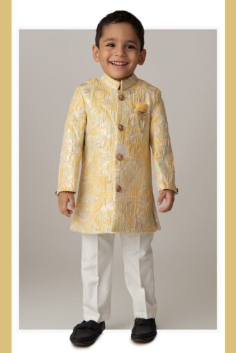 Blended Silk Full Sleeves Self Texture Achkan Bandhgala with Pants and Brooch Ethnicwear Set- Yellow