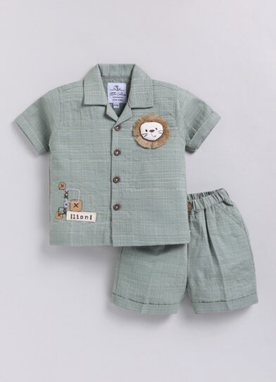 Boys Pure Muslin Cotton Stuffed Lion Casual Shirt & Shorts Coord Set - Green