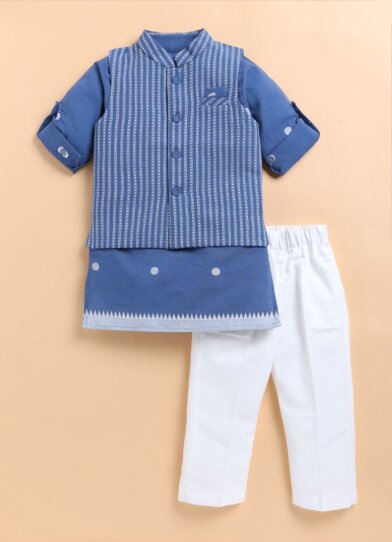Pure Cotton Woven Full Sleeves Pack of 3 Kurta Pajama with Striped Nehru Jacket Ethnic Set- Blue